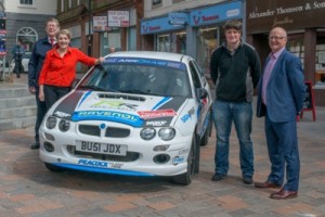 L-R: RSAC Scottish Rally CofC Jonathan Lord, The Lord Lieutenant of Dumfriesshire & journalist Fiona Armstrong, local rally driver Keith Riddick, Communities Director of Dumfries and Galloway Council Derek Crichton. (Image by: www.scottish-images.co.uk)